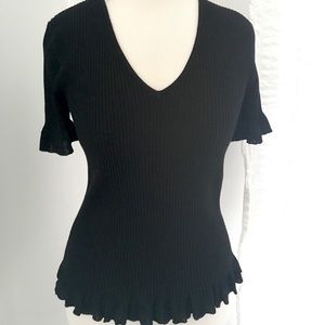 Black Rib-knit Rayon V-Neck